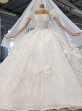 Ball Gown Sequins Square Puff Sleeve Bow Wedding Dress